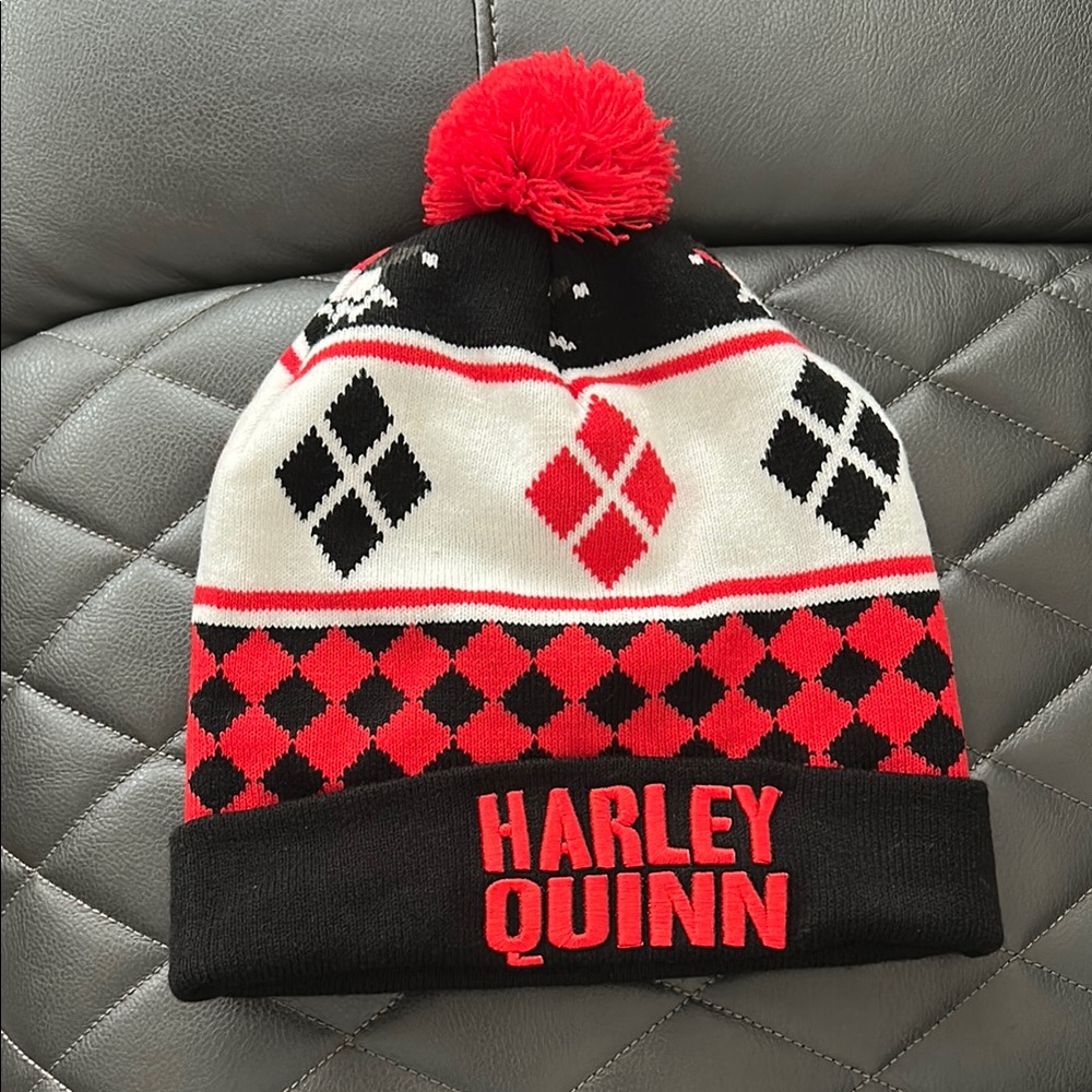 Harley Quinn DC Comics Black White and Red Knit Beanie with Pom Pom